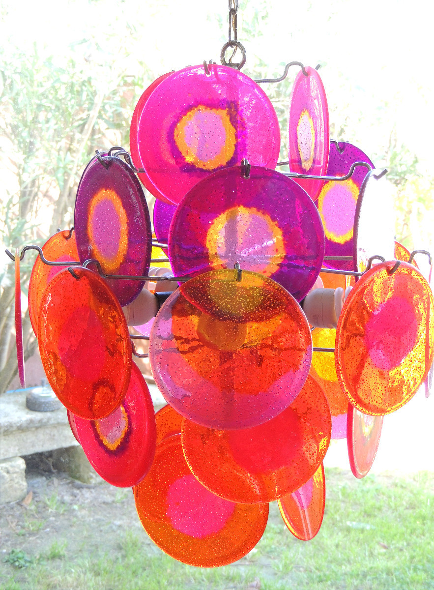 lustre vintage " Gino Vistosi " , monture en métal chromé et de 27 disques multicolorées 20 ème-photo-4