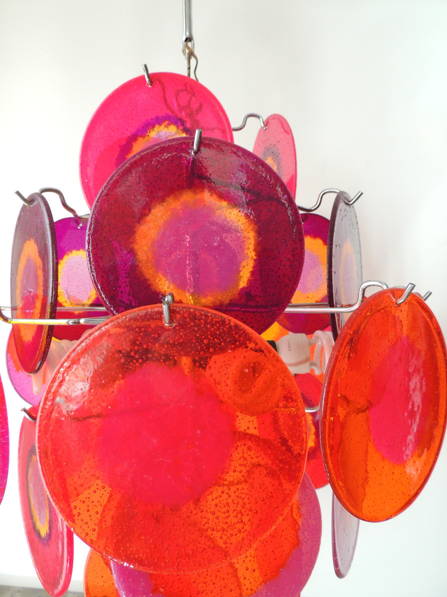 lustre vintage " Gino Vistosi " , monture en métal chromé et de 27 disques multicolorées 20 ème-photo-2