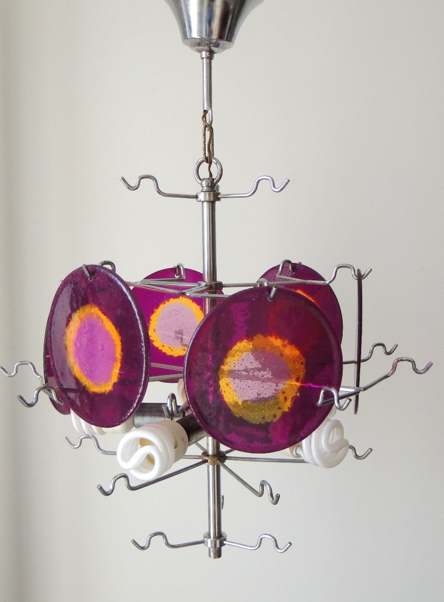 lustre vintage " Gino Vistosi " , monture en métal chromé et de 27 disques multicolorées 20 ème-photo-3