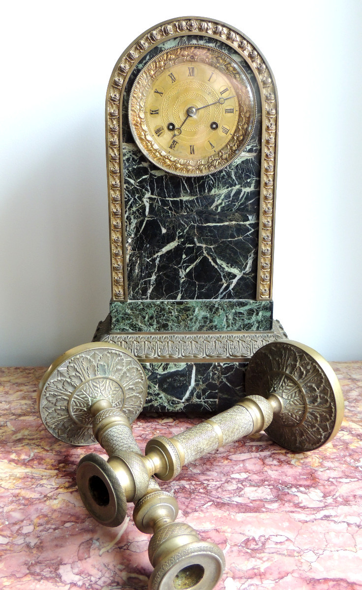 Green Marble Clock Decorated With Foliage And A Bronze Flower Frieze 19th Century-photo-2