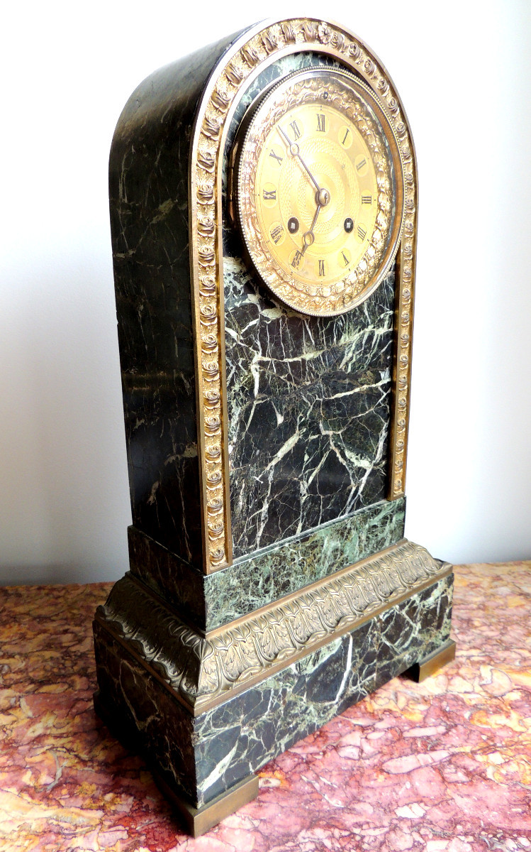 Green Marble Clock Decorated With Foliage And A Bronze Flower Frieze 19th Century-photo-3