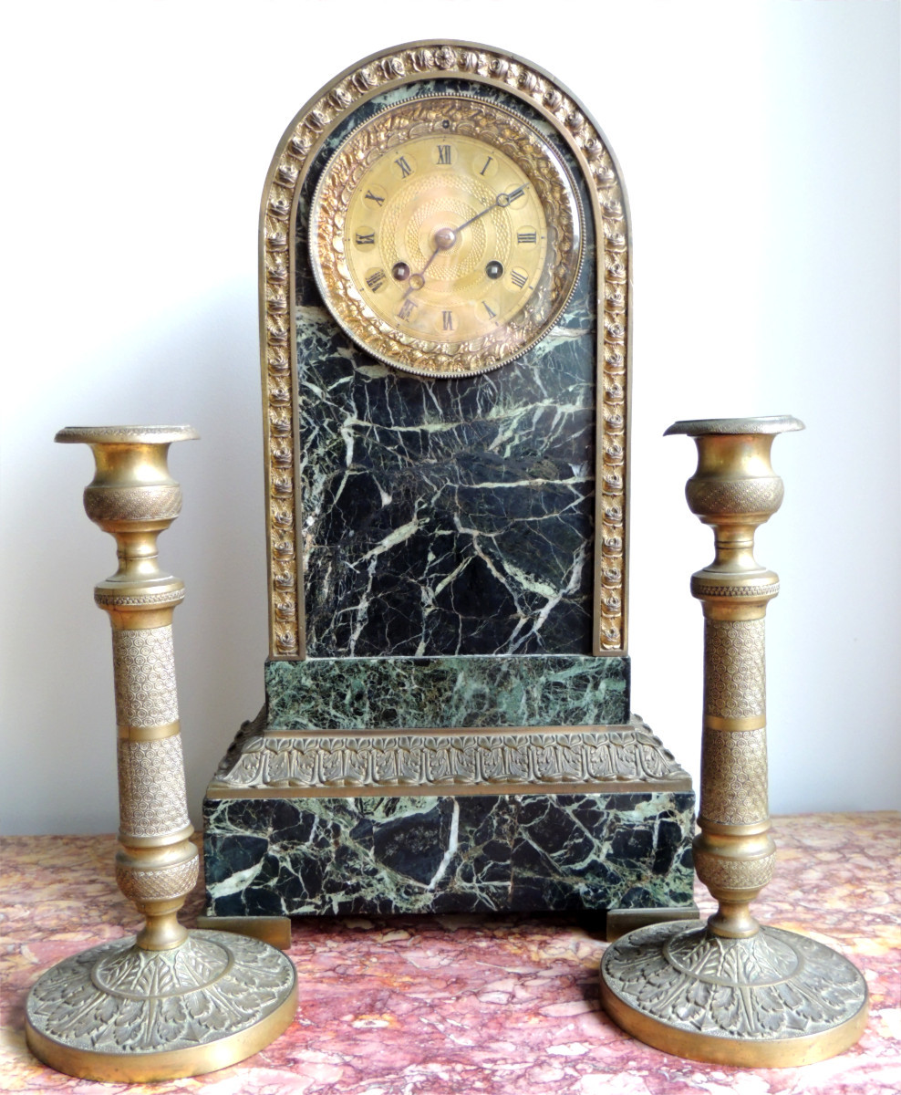 Green Marble Clock Decorated With Foliage And A Bronze Flower Frieze 19th Century