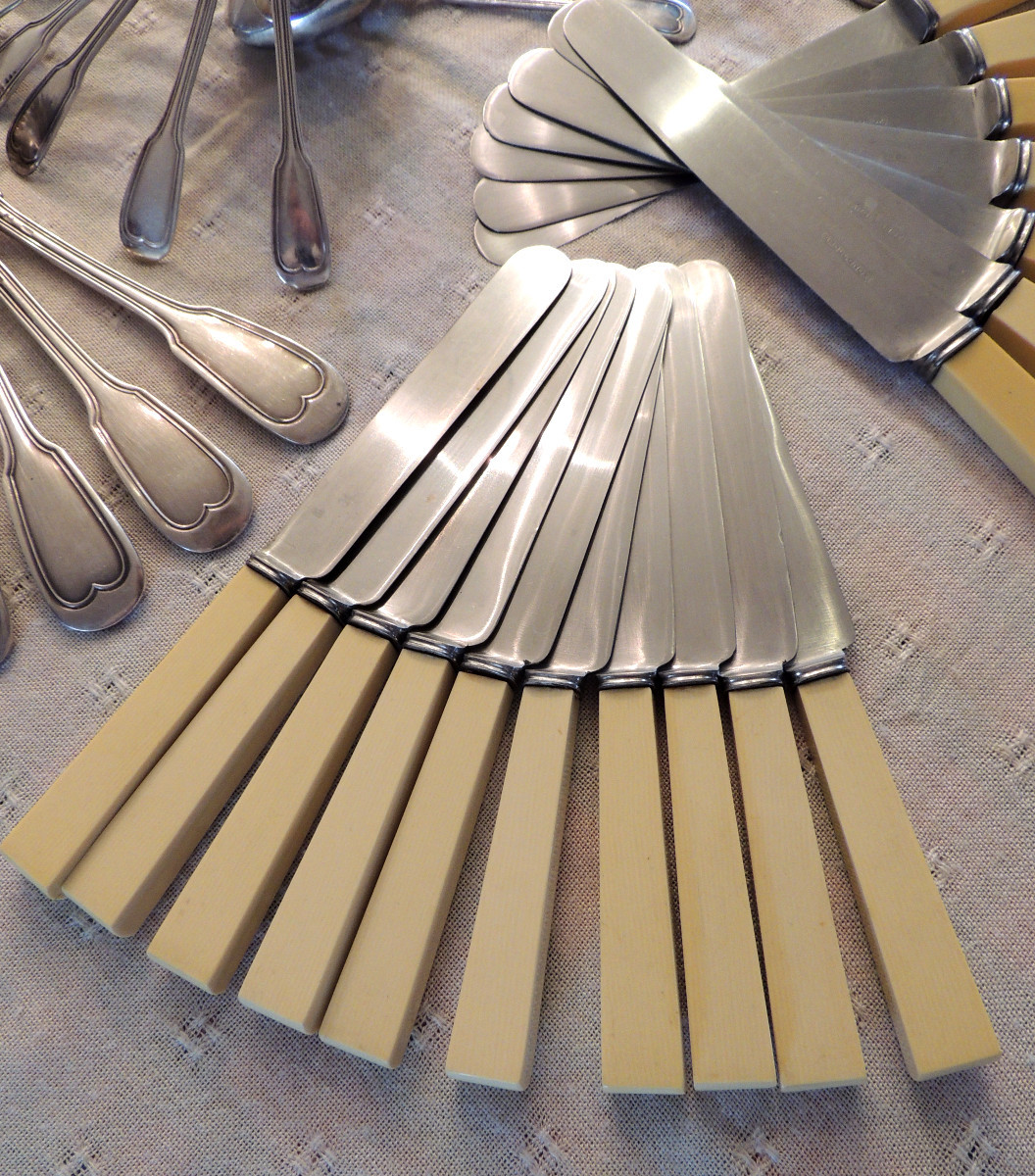 Silver-plated Metal Menagére Marked Sfam , 57 Pieces , Apollonox Knives With Round Tips , Art Déco-photo-4