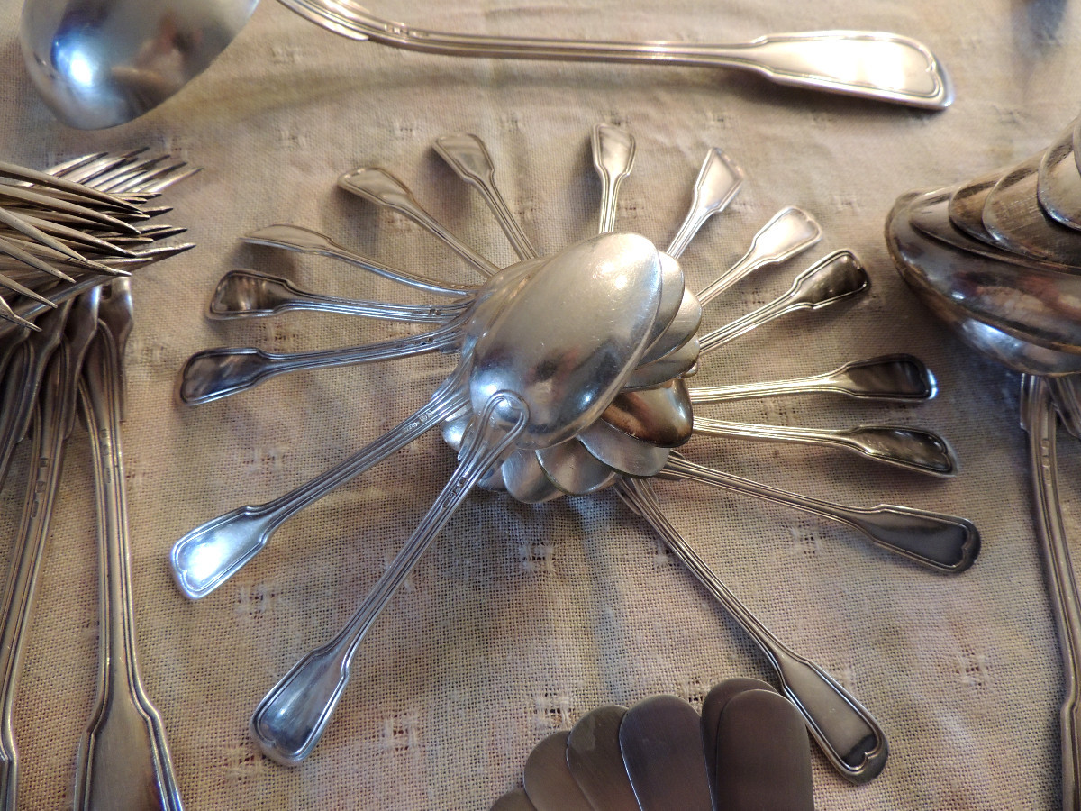 Silver-plated Metal Menagére Marked Sfam , 57 Pieces , Apollonox Knives With Round Tips , Art Déco-photo-2