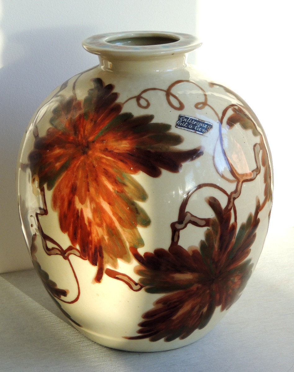 Ball Vase In Limoge Enamelled Porcelain , Camille Tharaud , Vine Leaf Design , 20th Century-photo-3