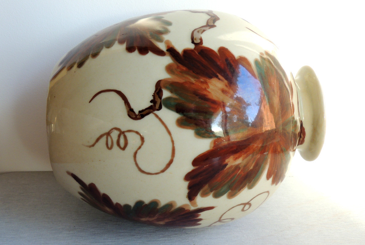 Ball Vase In Limoge Enamelled Porcelain , Camille Tharaud , Vine Leaf Design , 20th Century-photo-1