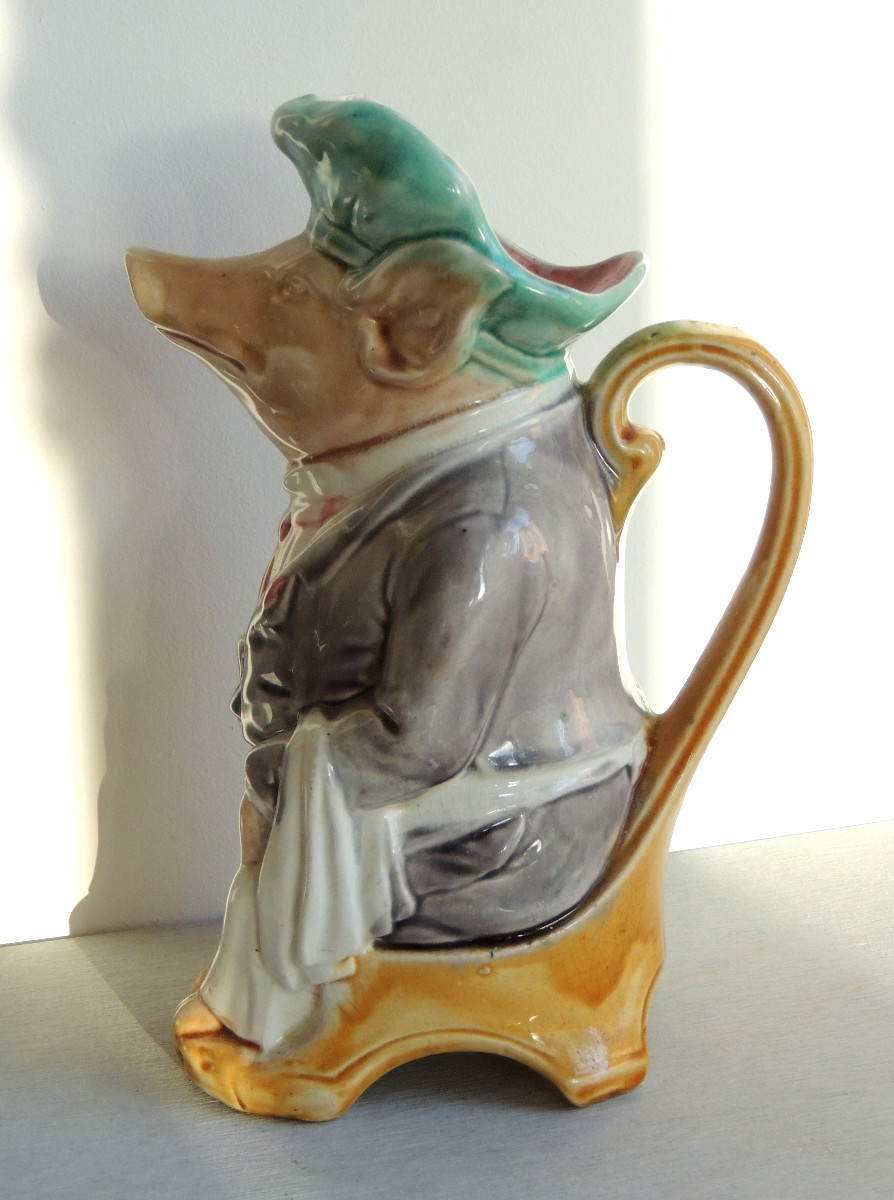 Pitcher From The Onnaing Earthenware Factory, Glazed Barbotine, Le Cochon Maître d'Hotel, 20th Century-photo-2