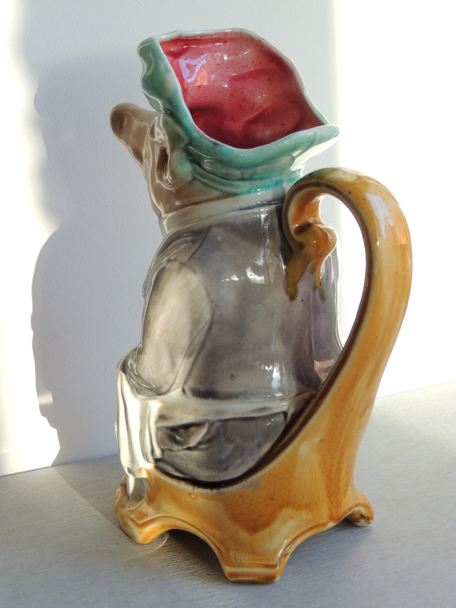 Pitcher From The Onnaing Earthenware Factory, Glazed Barbotine, Le Cochon Maître d'Hotel, 20th Century-photo-3