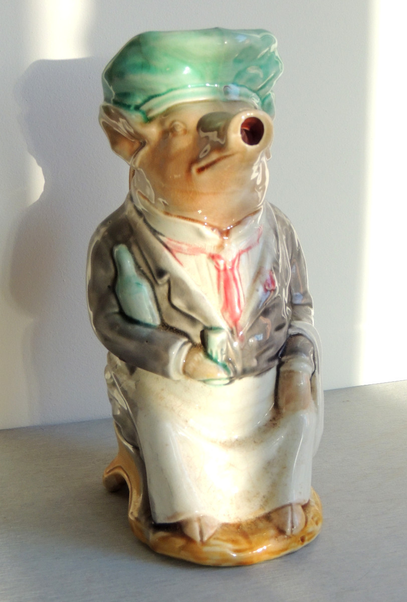 Pitcher From The Onnaing Earthenware Factory, Glazed Barbotine, Le Cochon Maître d'Hotel, 20th Century-photo-1