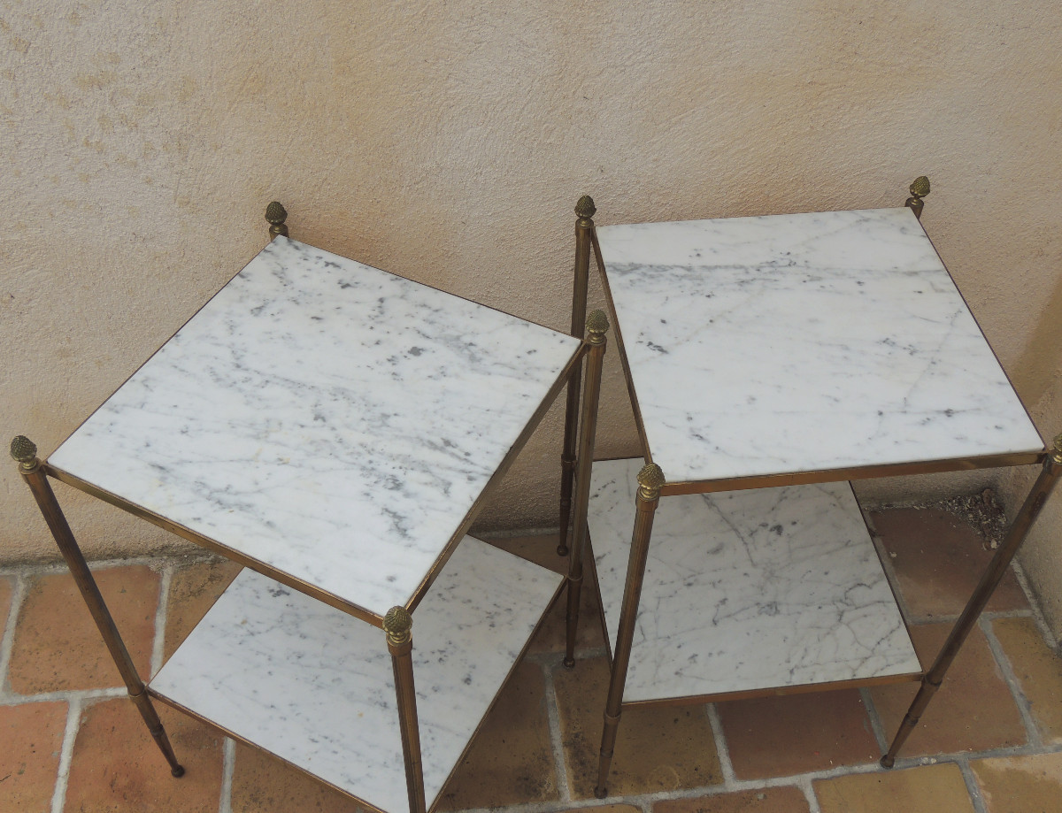 paire de bouts de canapé en laiton doré , double plateaux en marbre , maison Bagués , 20 ème-photo-2