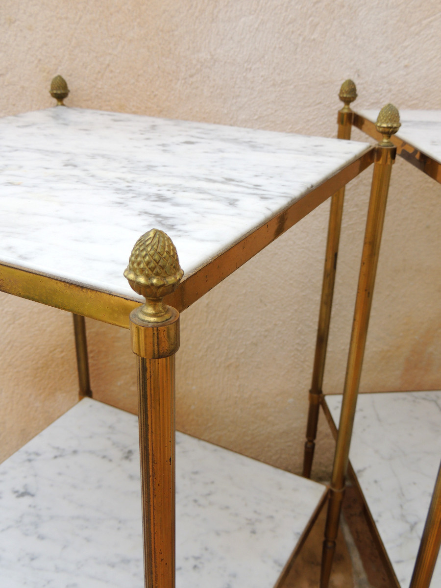 paire de bouts de canapé en laiton doré , double plateaux en marbre , maison Bagués , 20 ème-photo-3