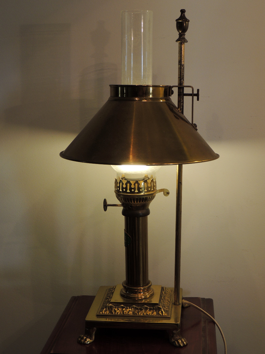 Desk Lamp In Brass And Gilt Bronze, Drop-down System For The Lampshade, 20th Century-photo-4