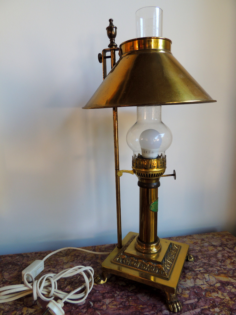 Desk Lamp In Brass And Gilt Bronze, Drop-down System For The Lampshade, 20th Century