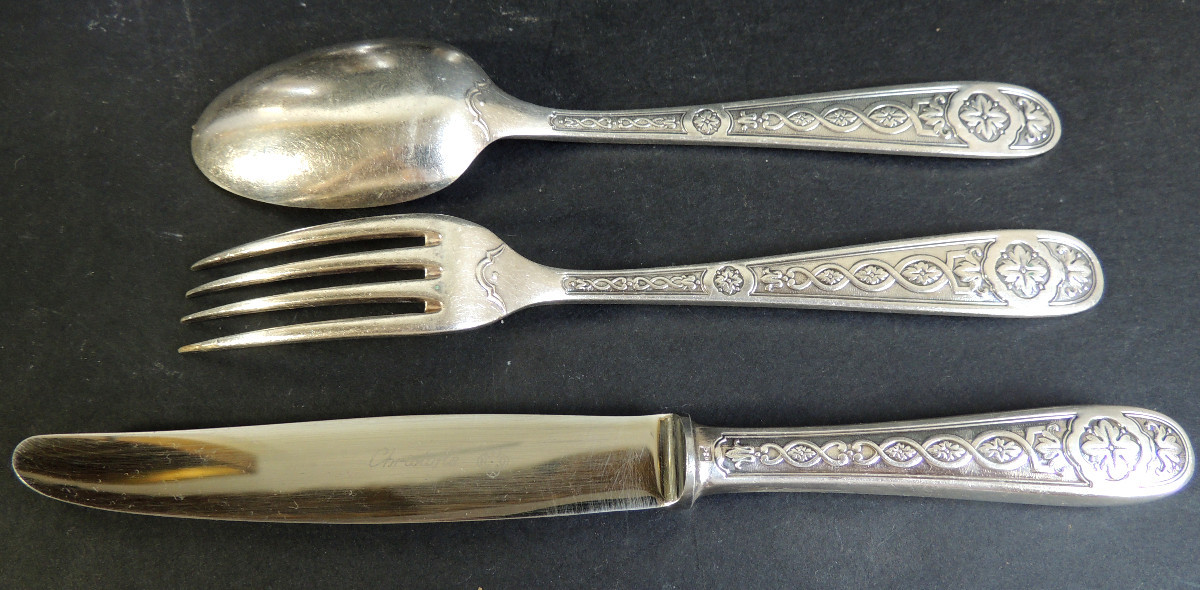 Christofle , couverts de baptême , ménagère d'enfant , 9 pièces en métal argenté , 20 ème -photo-3