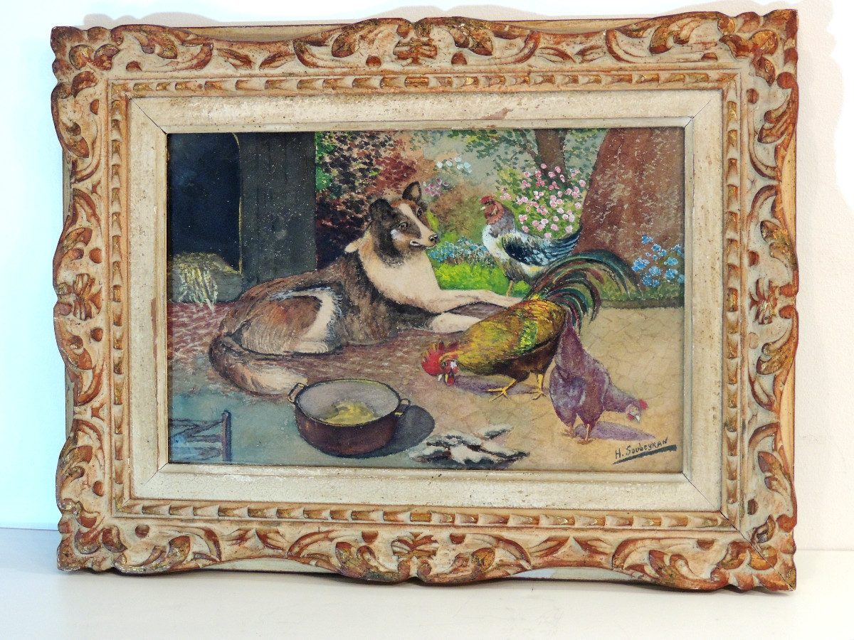 Painting On Card , Watercolor By H. Soubeyran , Dog Rooster And Hens , 20 ème-photo-2