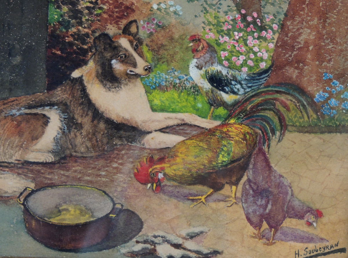 Painting On Card , Watercolor By H. Soubeyran , Dog Rooster And Hens , 20 ème-photo-3