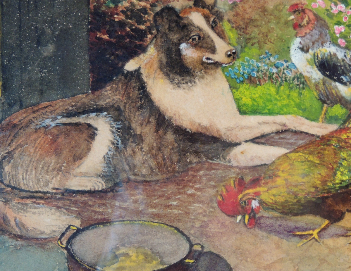 Painting On Card , Watercolor By H. Soubeyran , Dog Rooster And Hens , 20 ème-photo-4