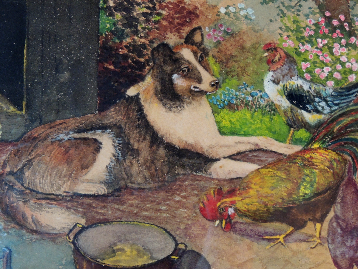 Painting On Card , Watercolor By H. Soubeyran , Dog Rooster And Hens , 20 ème-photo-1