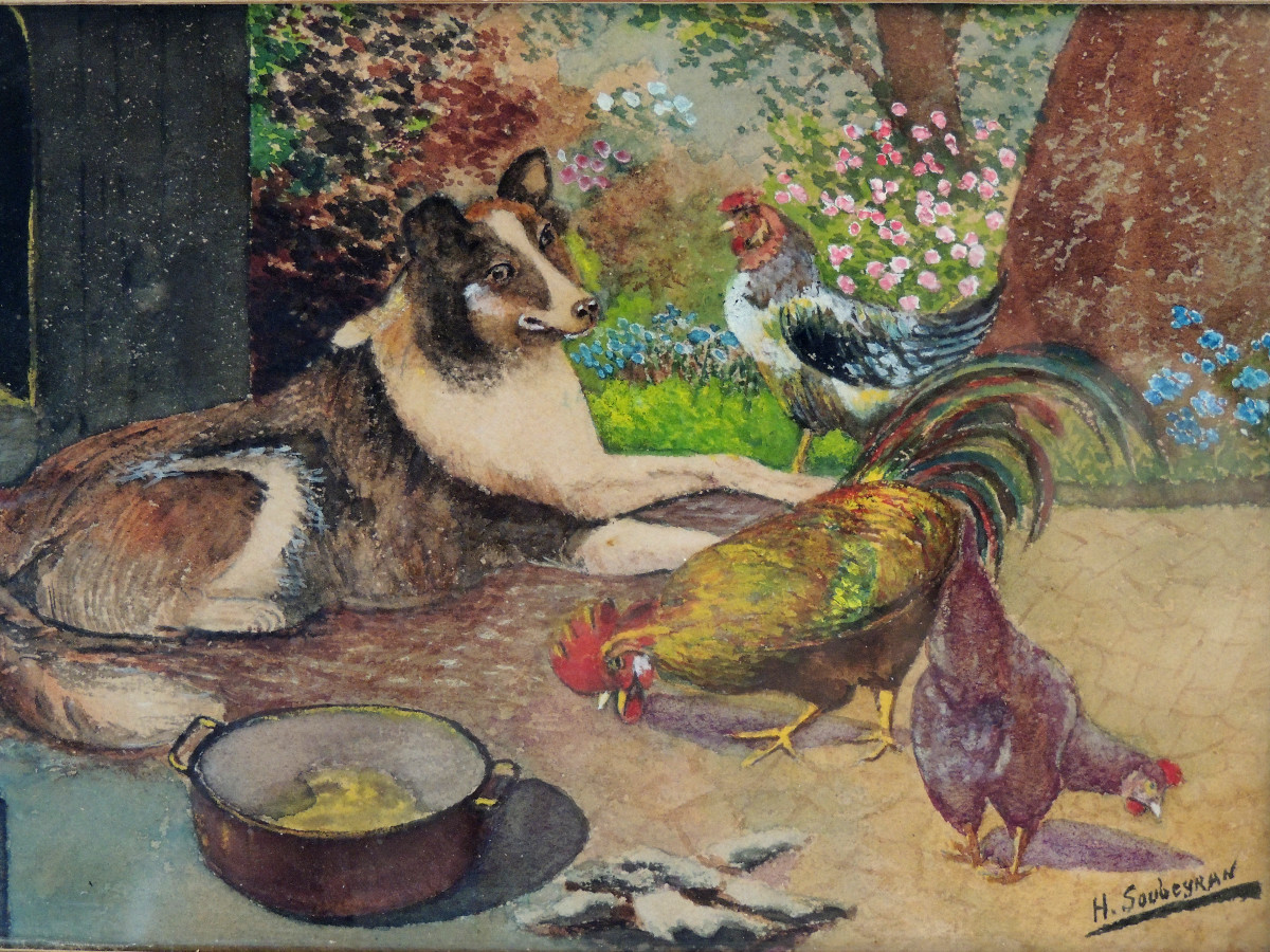 Painting On Card , Watercolor By H. Soubeyran , Dog Rooster And Hens , 20 ème-photo-2