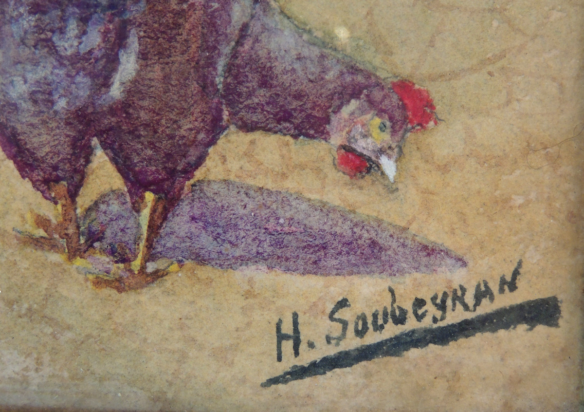 Painting On Card , Watercolor By H. Soubeyran , Dog Rooster And Hens , 20 ème-photo-3