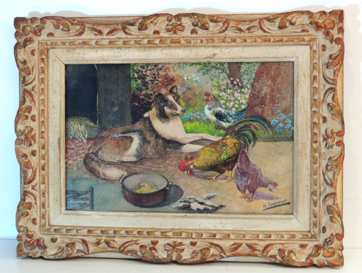 Painting On Card , Watercolor By H. Soubeyran , Dog Rooster And Hens , 20 ème