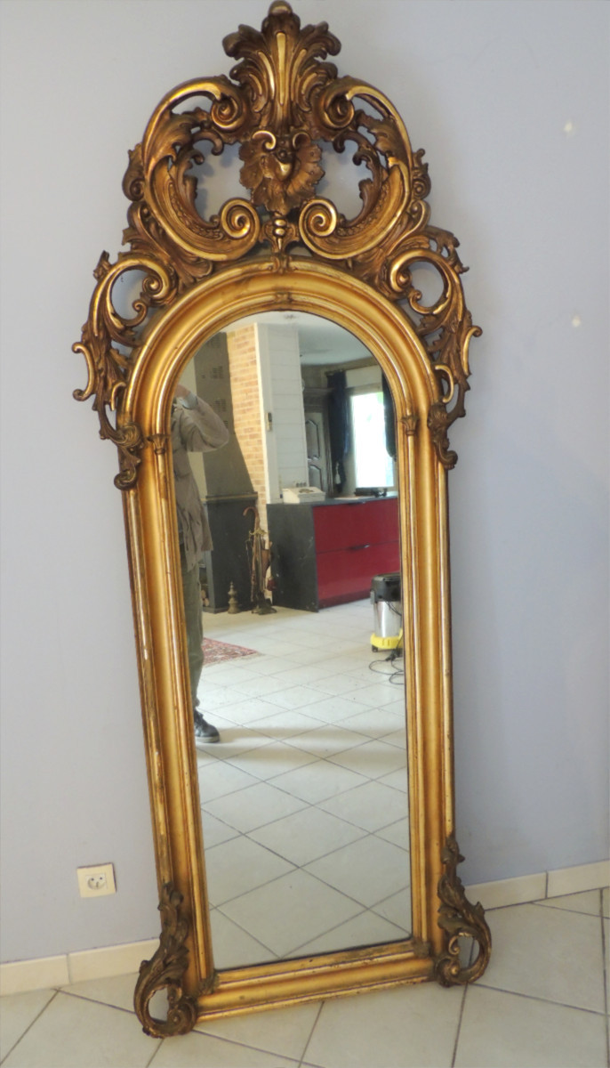 Mirror, Gilded Wood Mantelpiece Mirror, Acanthus Leaf Decor, Louis XV, Early 19th Century-photo-2