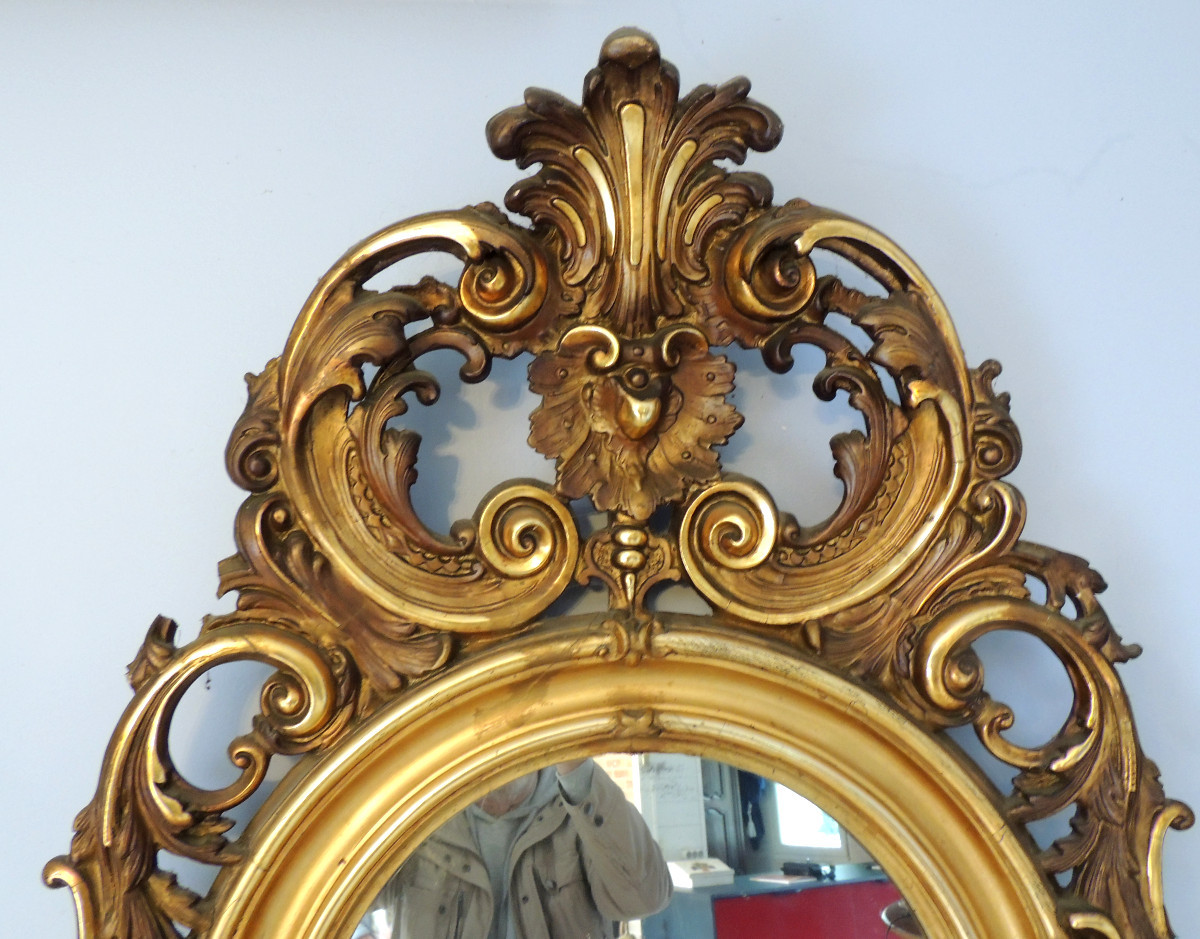 Mirror, Gilded Wood Mantelpiece Mirror, Acanthus Leaf Decor, Louis XV, Early 19th Century-photo-3