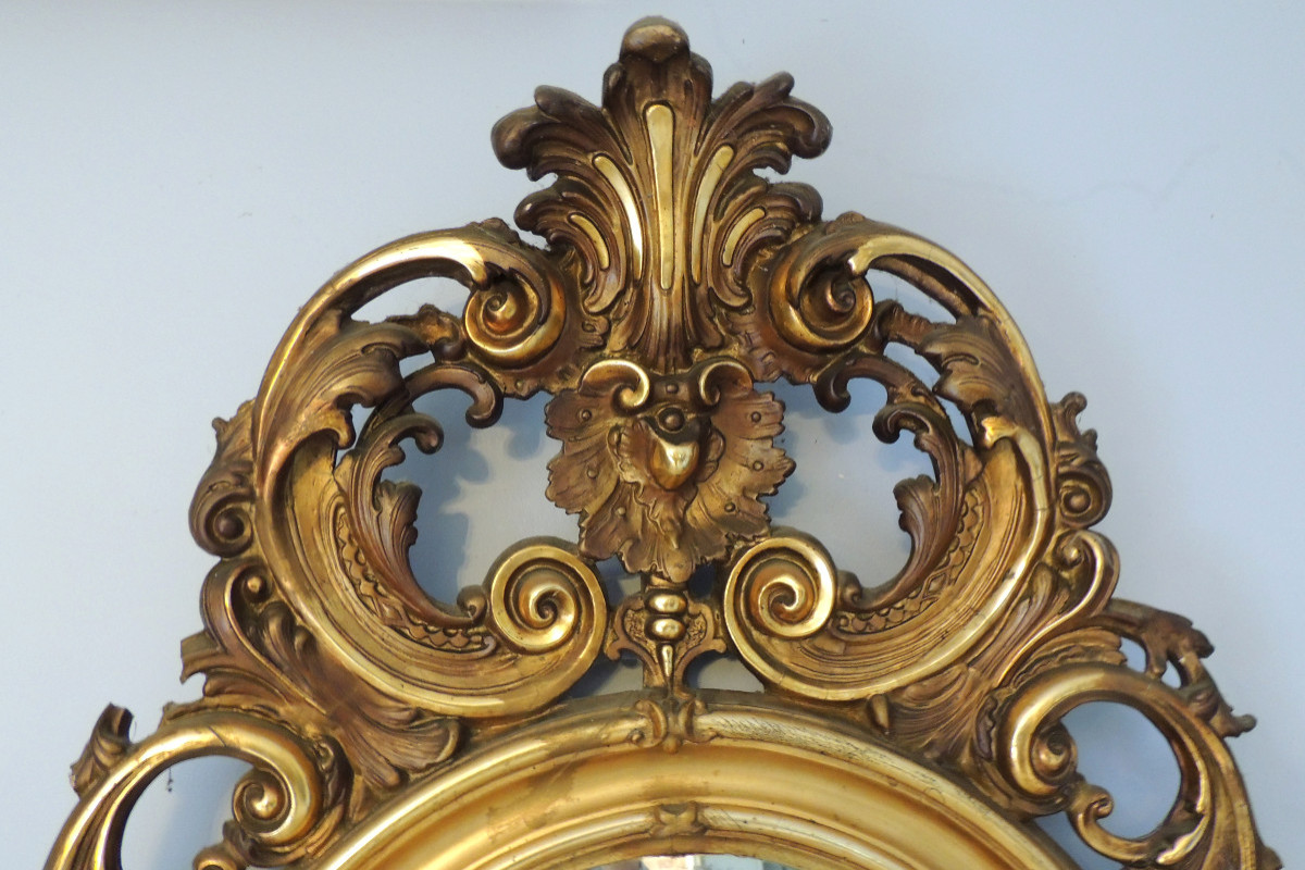 Mirror, Gilded Wood Mantelpiece Mirror, Acanthus Leaf Decor, Louis XV, Early 19th Century-photo-4
