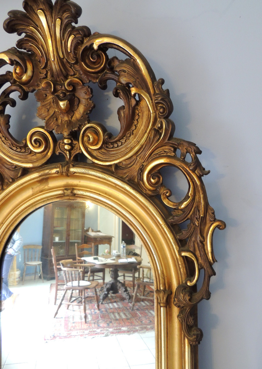 Mirror, Gilded Wood Mantelpiece Mirror, Acanthus Leaf Decor, Louis XV, Early 19th Century-photo-1