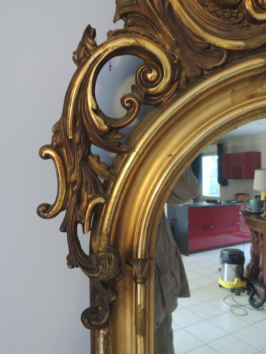 Mirror, Gilded Wood Mantelpiece Mirror, Acanthus Leaf Decor, Louis XV, Early 19th Century-photo-2