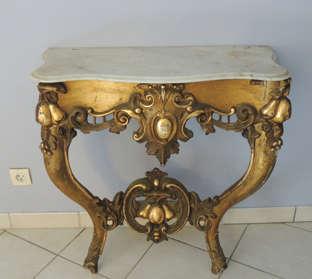 Gilded Wood Console , Louis XV , Apple And Pear Decor , Marble Top , 19th Century-photo-2