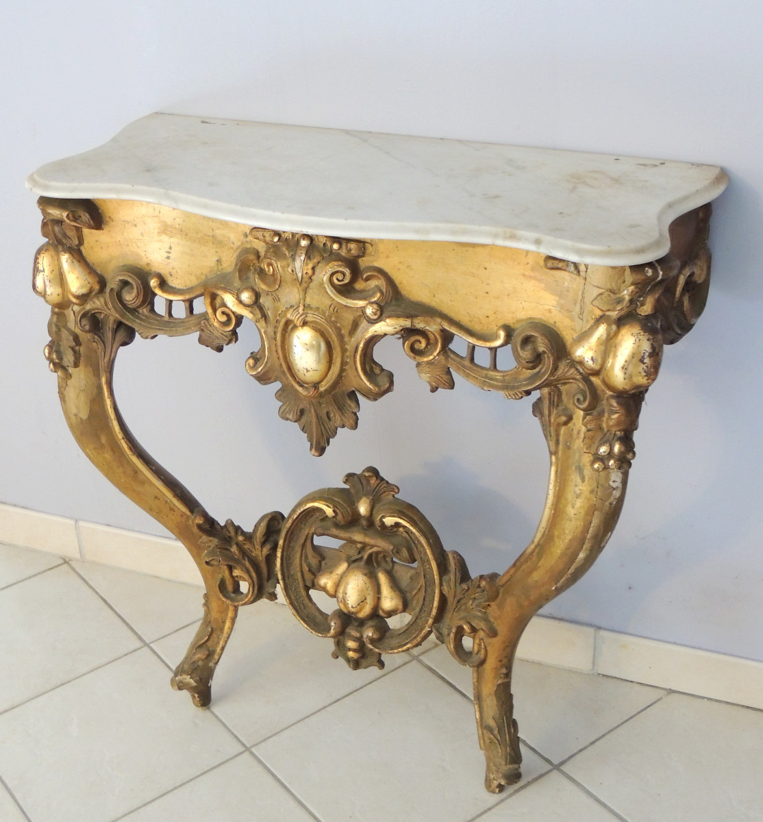 Gilded Wood Console , Louis XV , Apple And Pear Decor , Marble Top , 19th Century-photo-3
