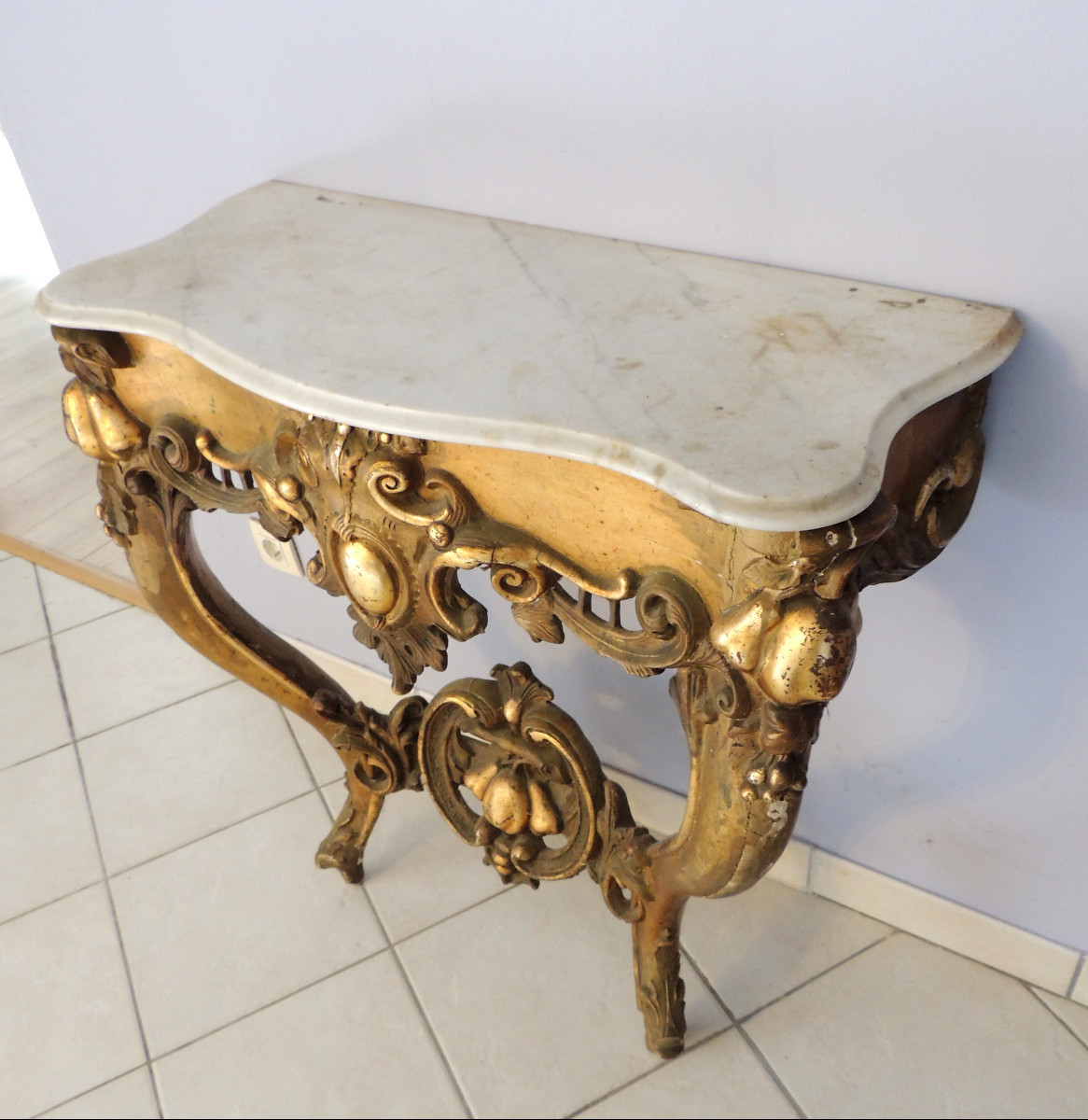Gilded Wood Console , Louis XV , Apple And Pear Decor , Marble Top , 19th Century-photo-4