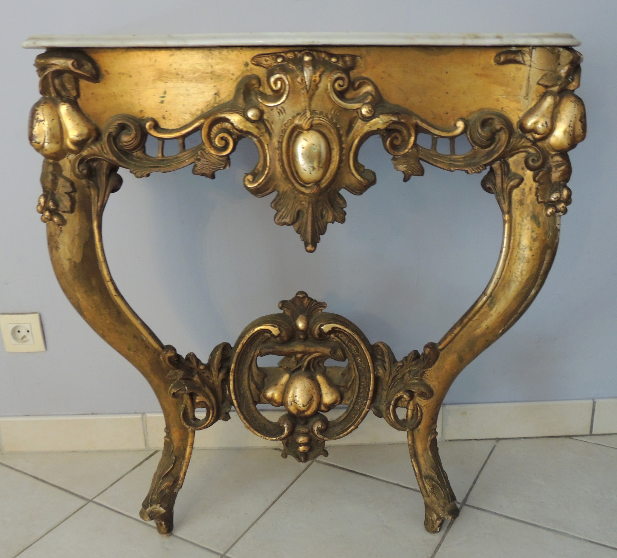 Gilded Wood Console , Louis XV , Apple And Pear Decor , Marble Top , 19th Century-photo-1