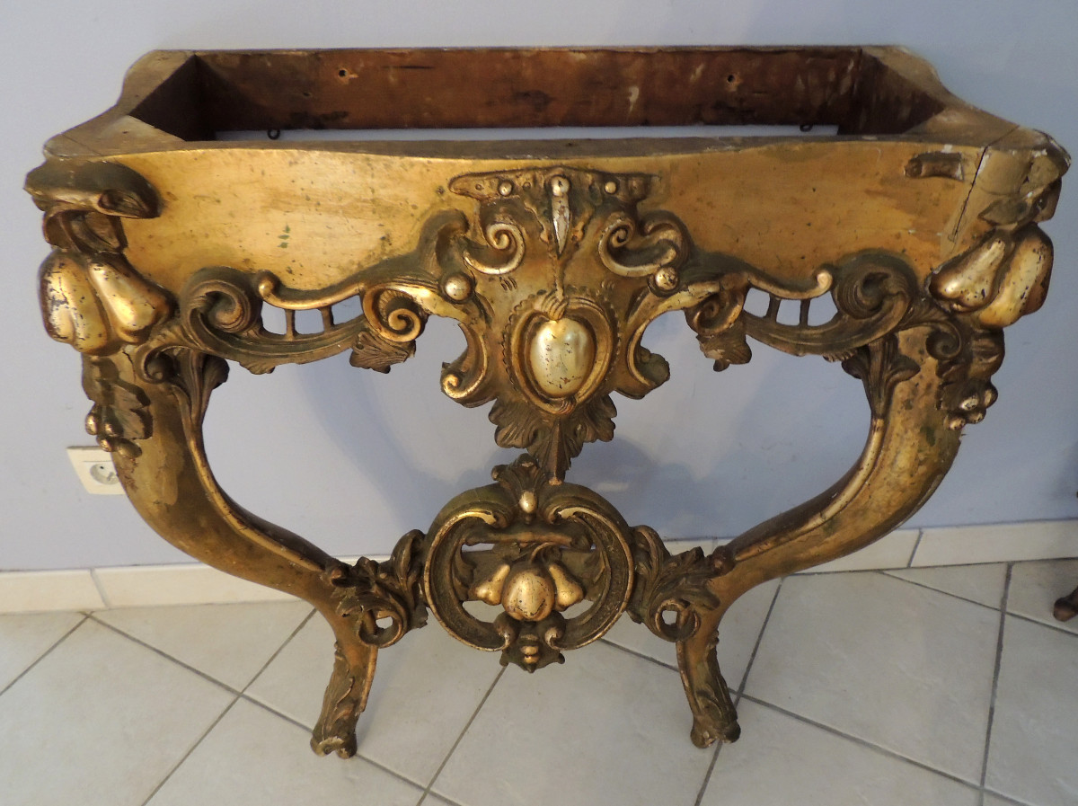 Gilded Wood Console , Louis XV , Apple And Pear Decor , Marble Top , 19th Century-photo-2