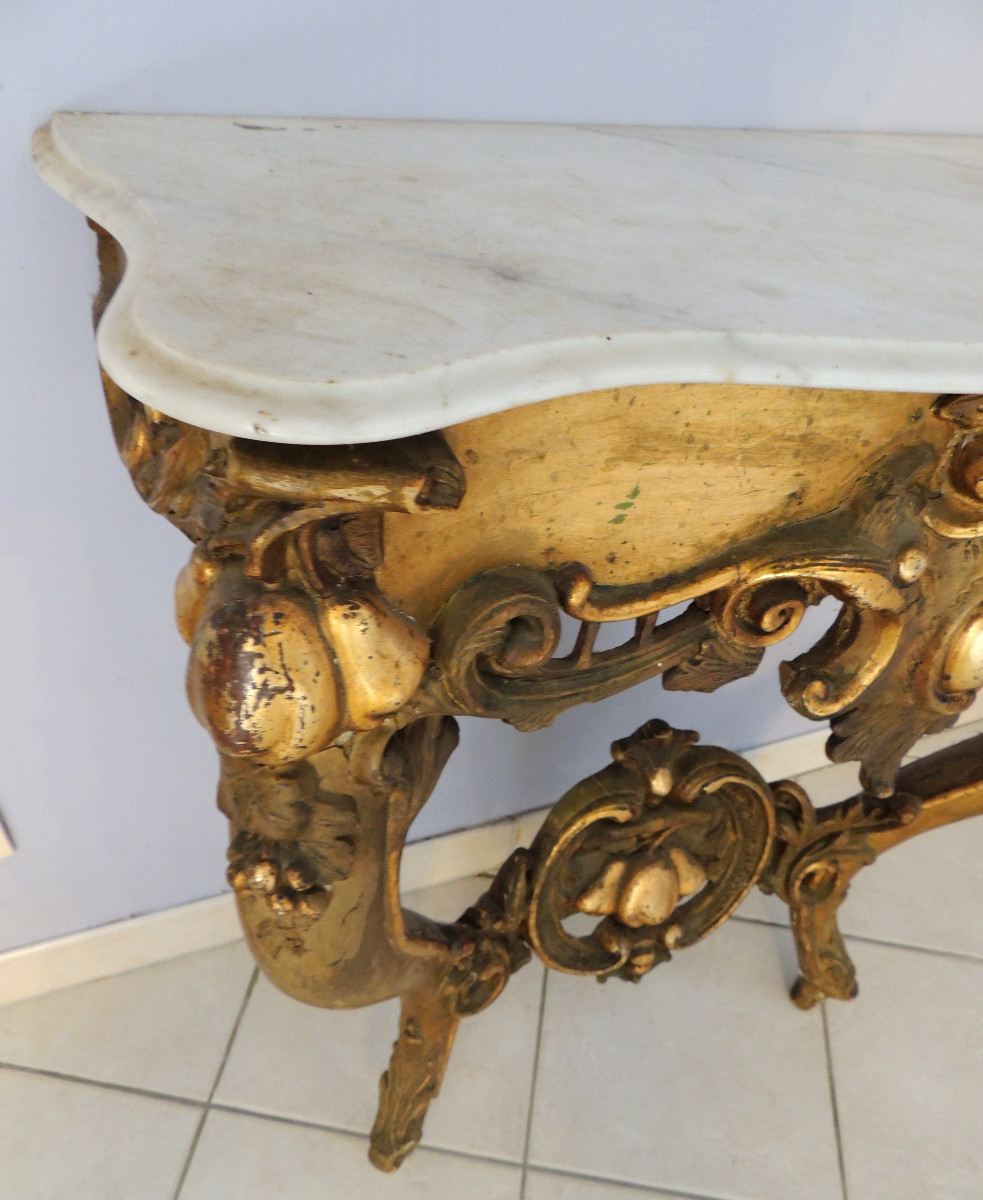 Gilded Wood Console , Louis XV , Apple And Pear Decor , Marble Top , 19th Century-photo-4