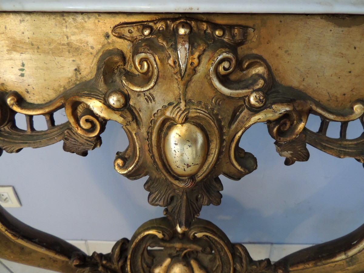 Gilded Wood Console , Louis XV , Apple And Pear Decor , Marble Top , 19th Century-photo-5