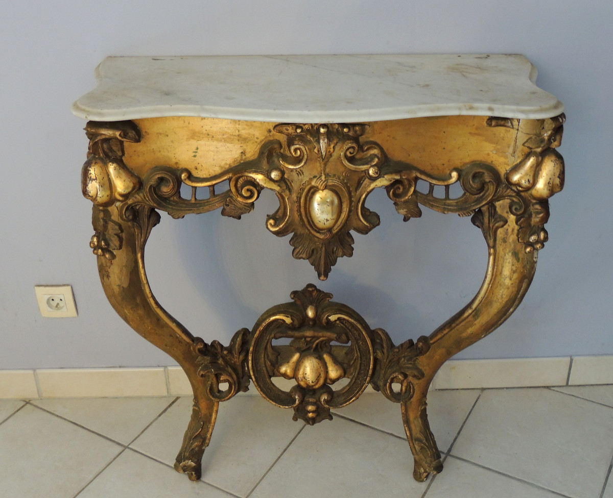 Gilded Wood Console , Louis XV , Apple And Pear Decor , Marble Top , 19th Century-photo-7