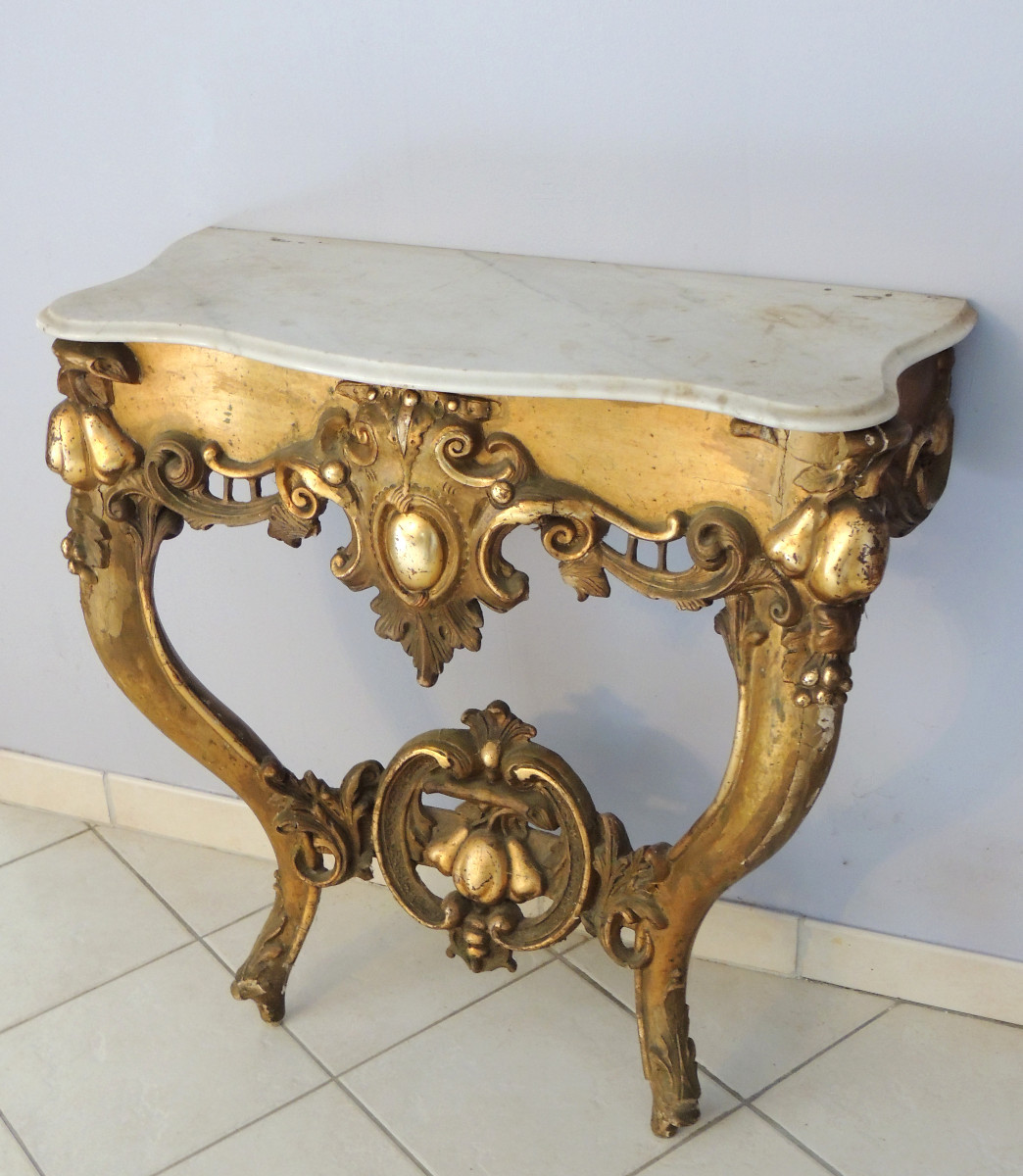 Gilded Wood Console , Louis XV , Apple And Pear Decor , Marble Top , 19th Century