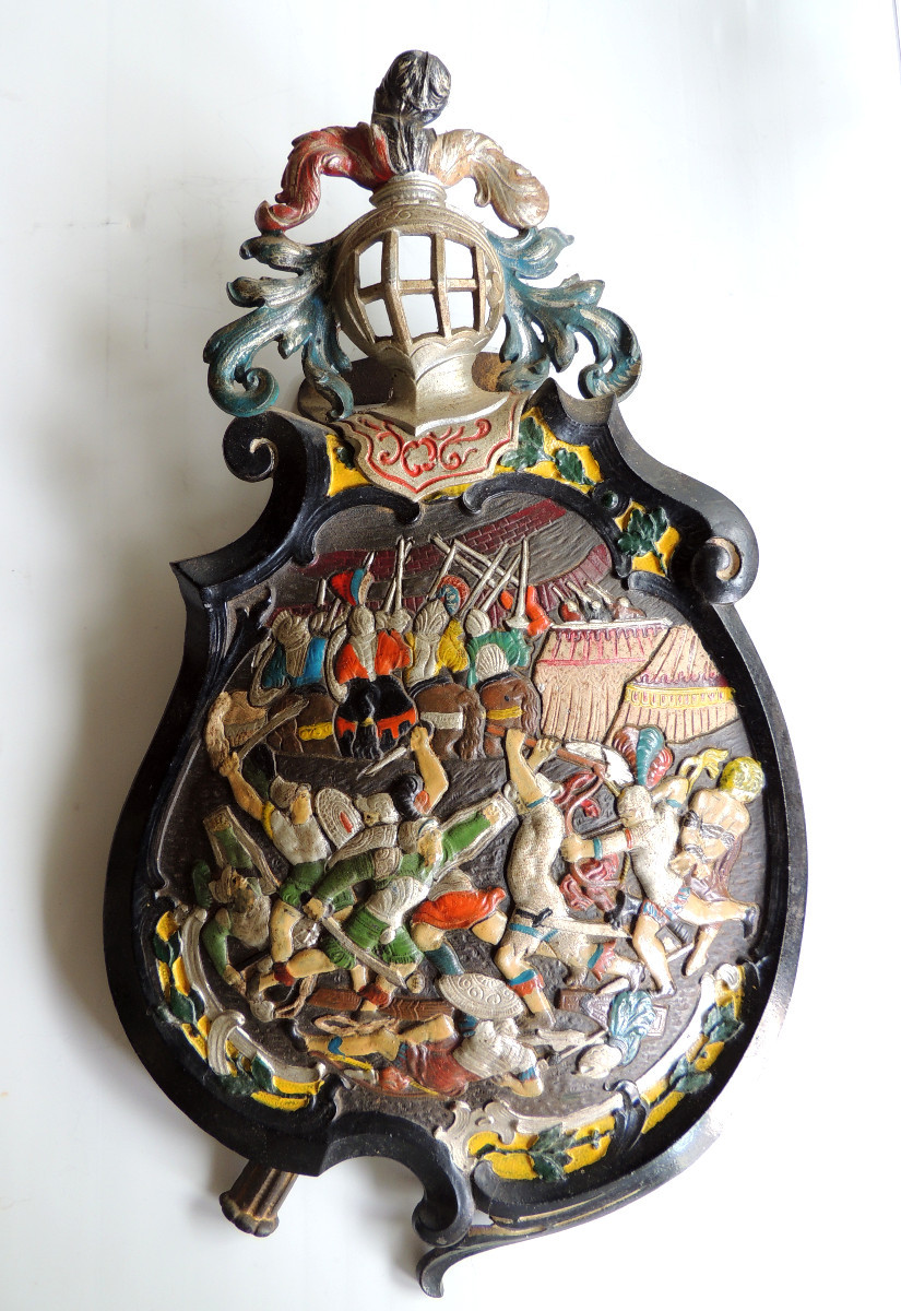 médaillon , armoirie ,blason en fonte polychromée , art héraldique bataille haute époque 20 ème-photo-2
