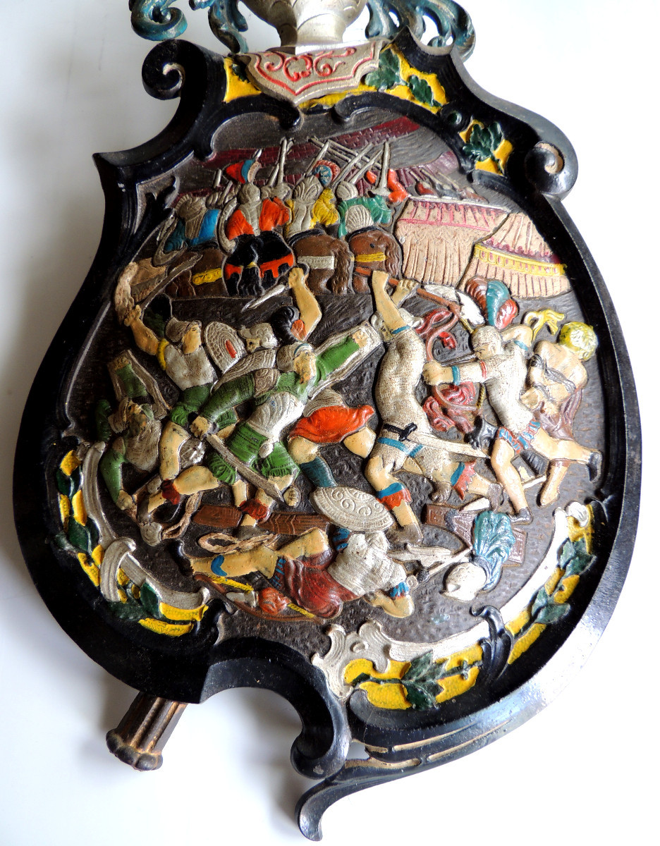 médaillon , armoirie ,blason en fonte polychromée , art héraldique bataille haute époque 20 ème-photo-3