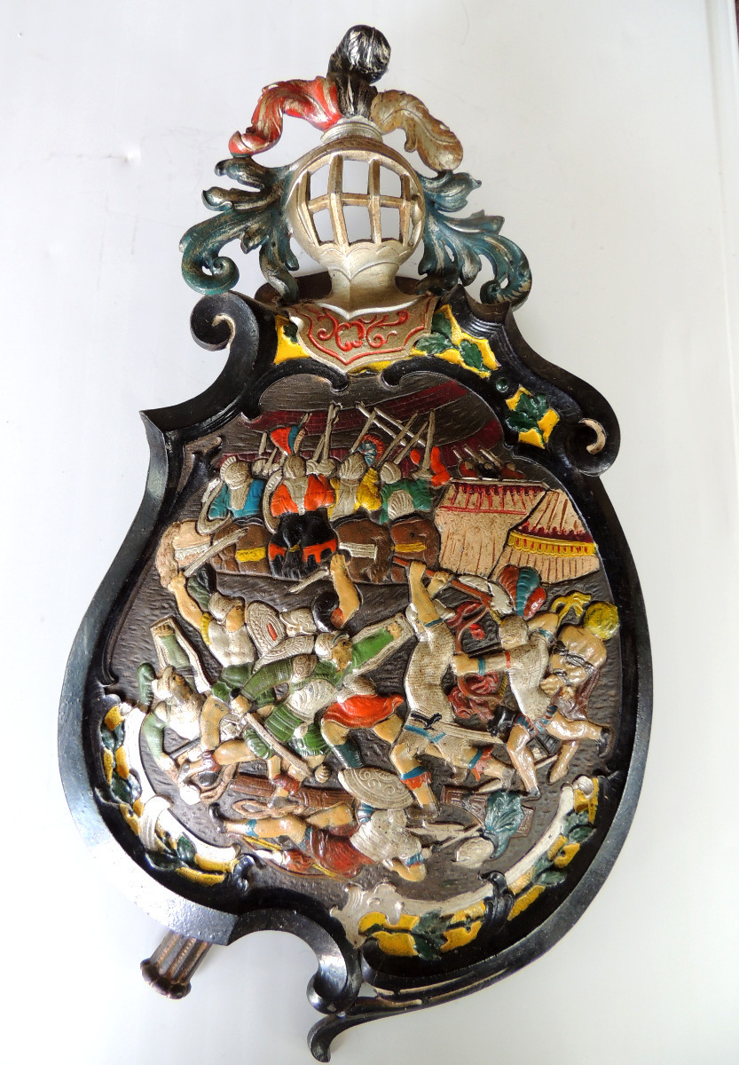 médaillon , armoirie ,blason en fonte polychromée , art héraldique bataille haute époque 20 ème