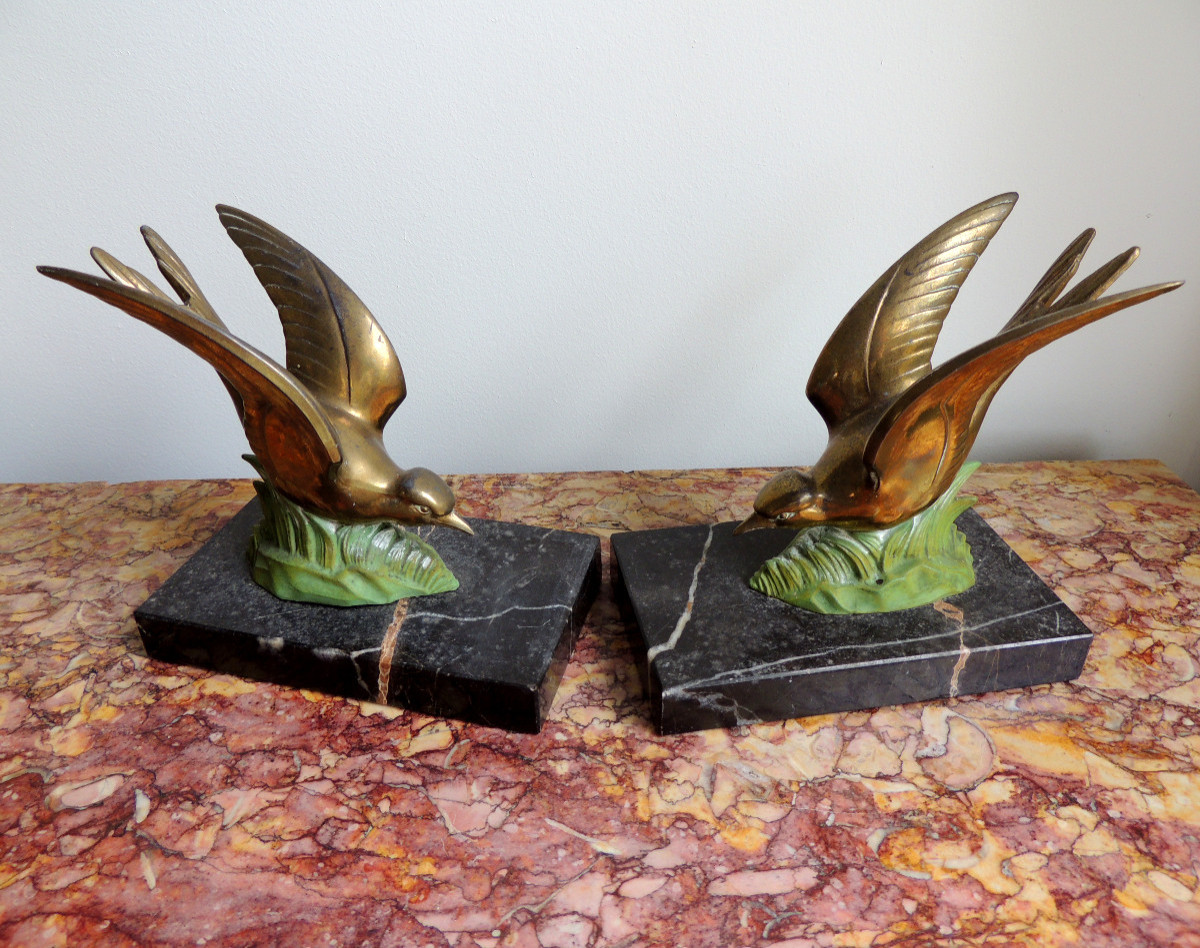 Bookends, Swallows In Regula On A Marble Base, 50s-60s, 20th Century-photo-2