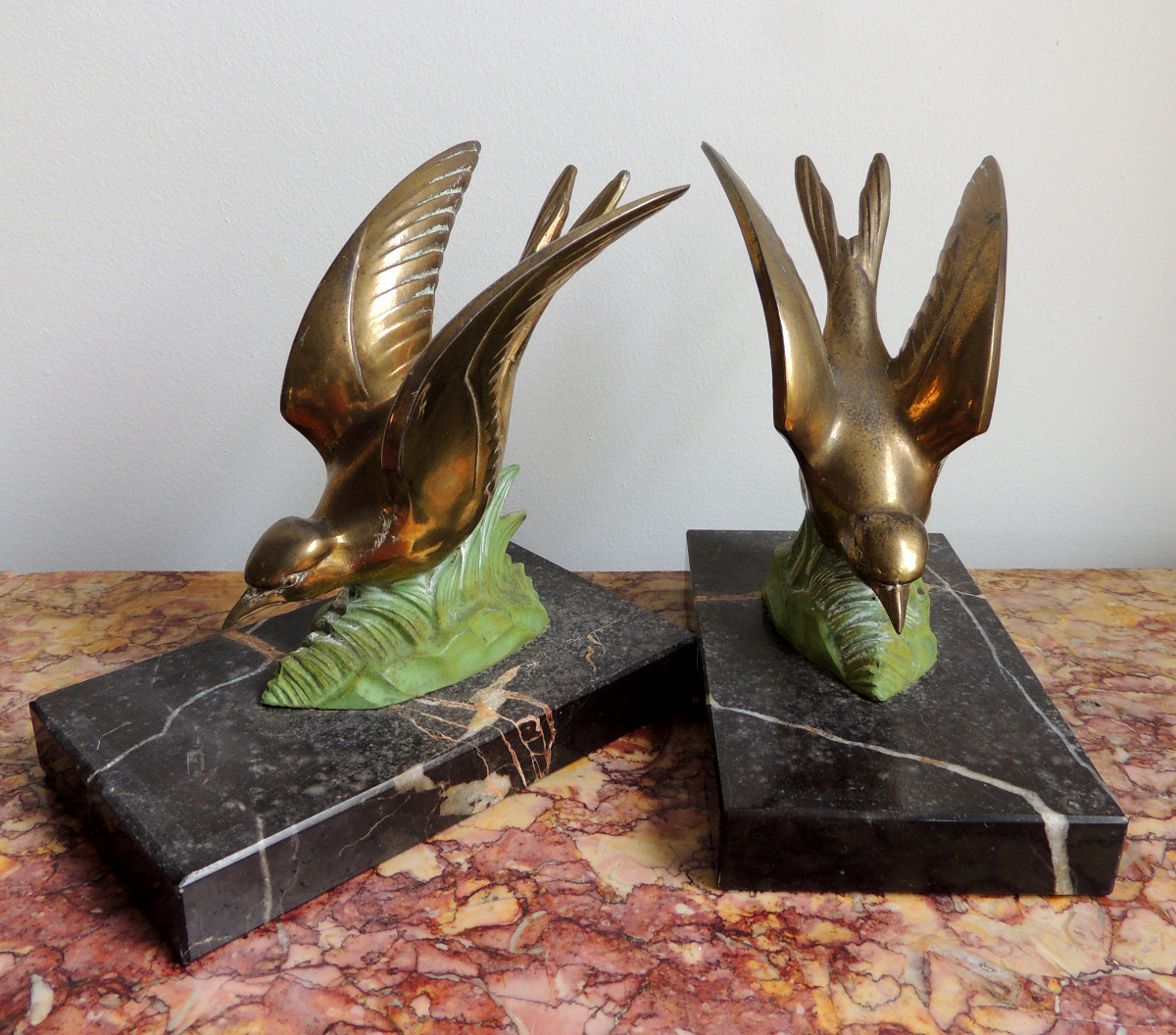 Bookends, Swallows In Regula On A Marble Base, 50s-60s, 20th Century-photo-3