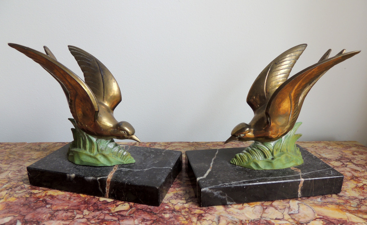 Bookends, Swallows In Regula On A Marble Base, 50s-60s, 20th Century