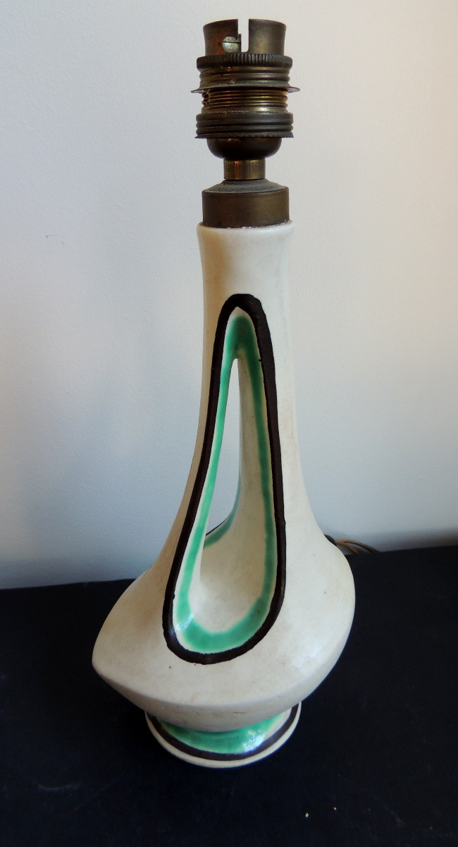 lampe de chevet , pied en céramique blanche aux traits vert et noir,abat jour d'origine ,20 ème-photo-3