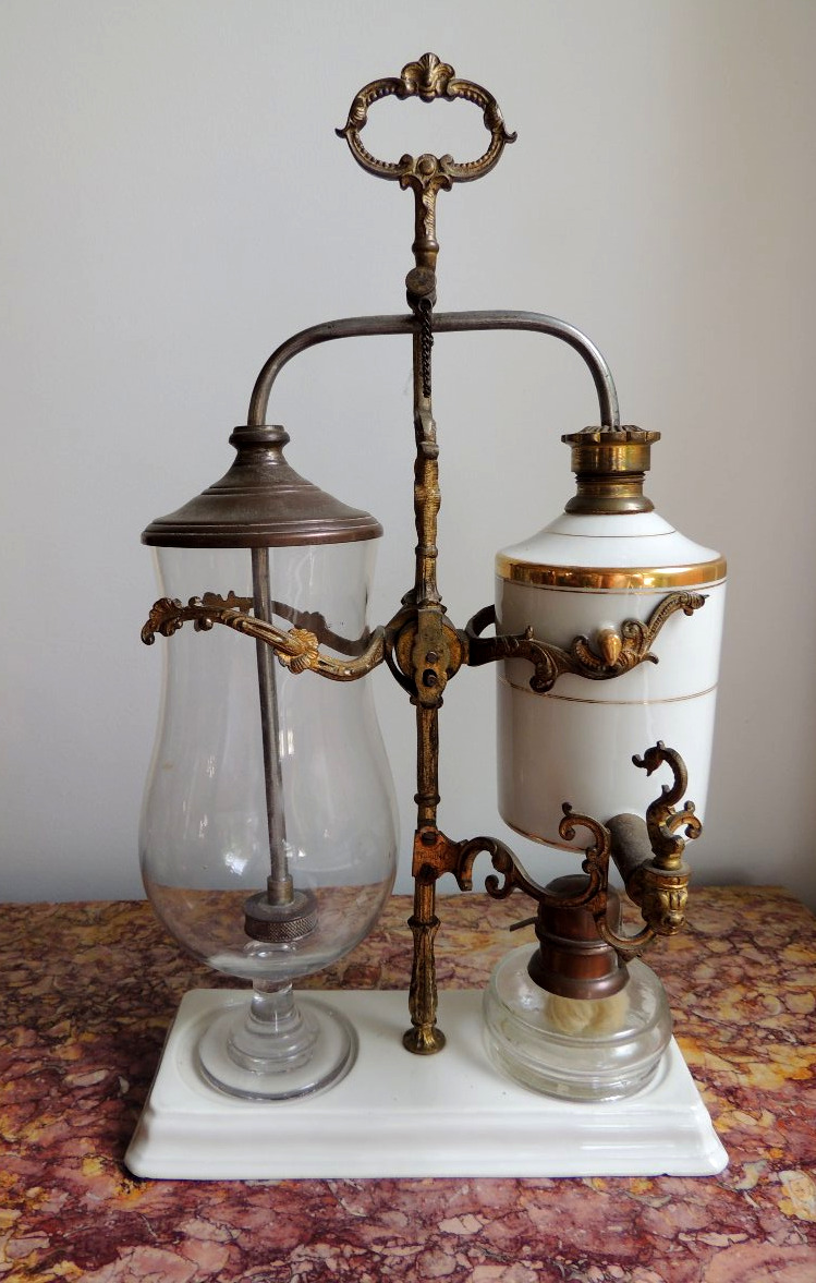Coffee Siphon, Coffee Pot With Pendulum In Porcelain, Glass And Bronze, Napoleon III, 19th Century-photo-2