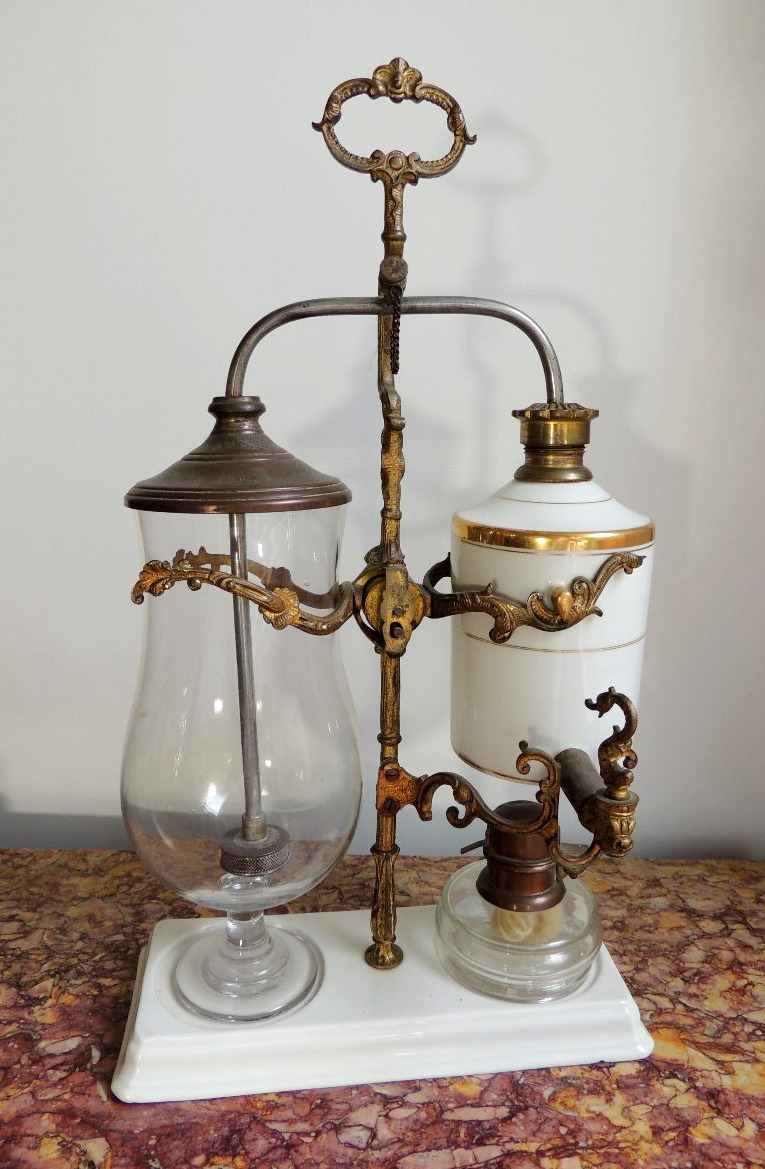 Coffee Siphon, Coffee Pot With Pendulum In Porcelain, Glass And Bronze, Napoleon III, 19th Century