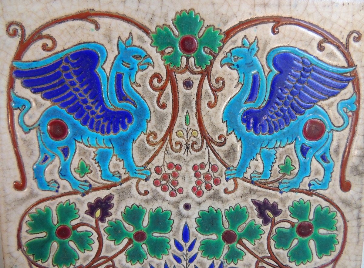 carreau en céramique cloisonnée , Longwy France , art nouveau début 20 ème -photo-4