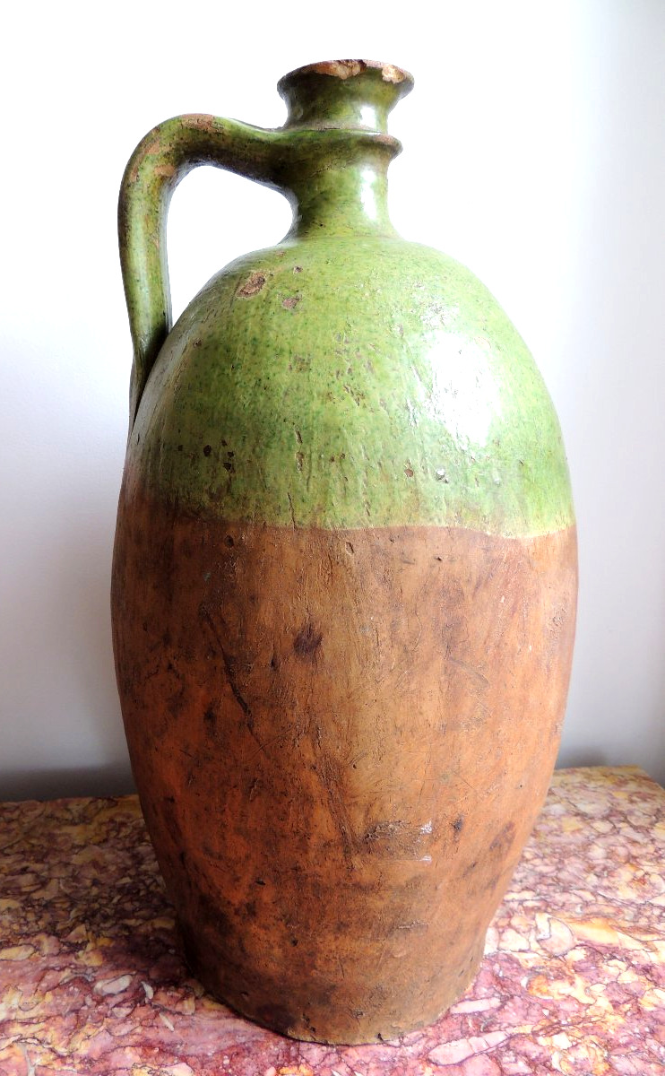 Large Glazed Pottery , Oil Jug , Terracotta From Charente Chapelle Des Pots , 18th Century-photo-1